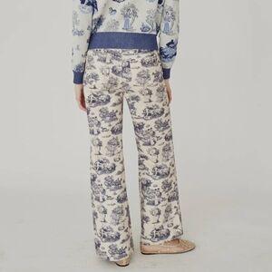 Blue and White Toile Print Wide-Leg Pants